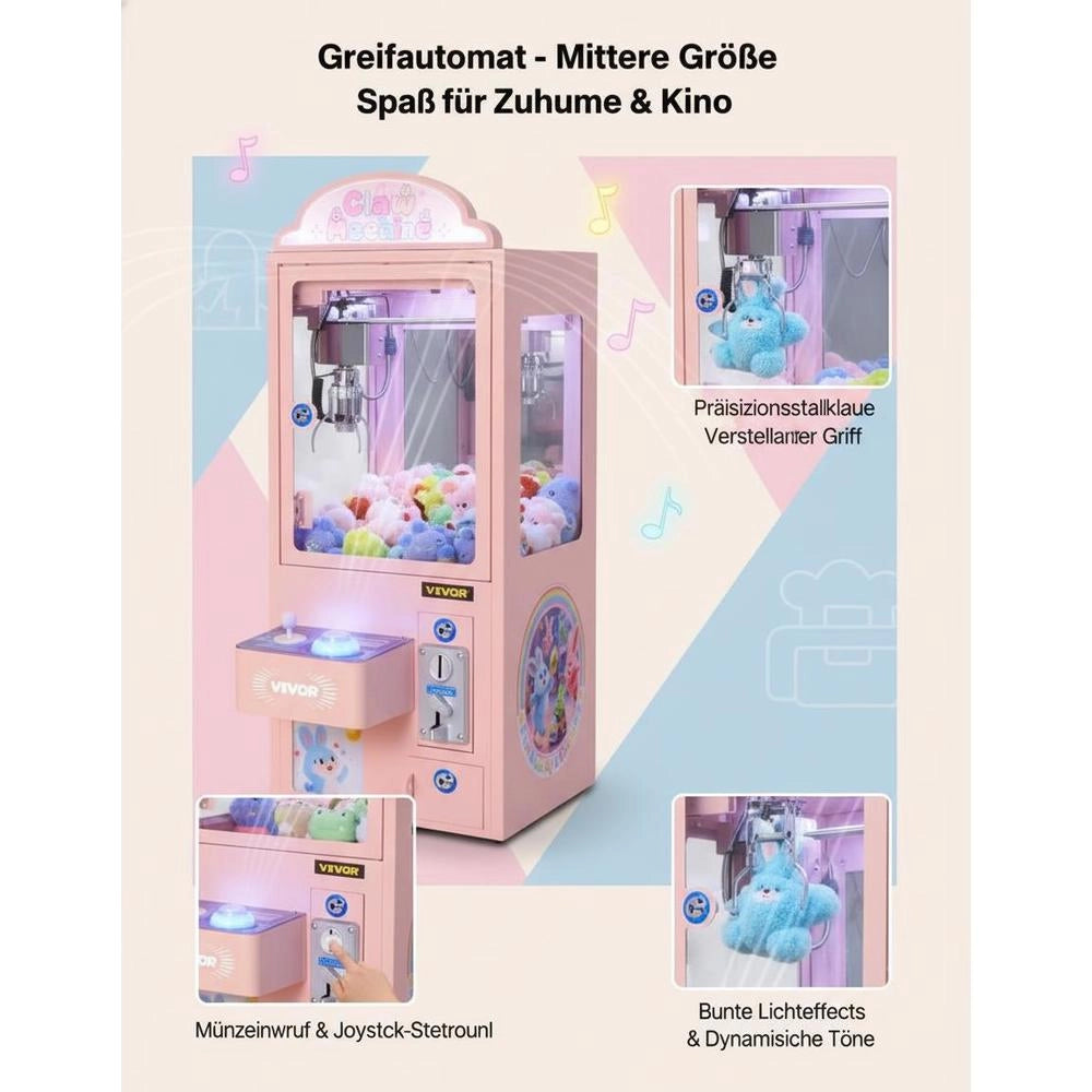 Claw Machine, Medium-sized Gaming Machine With Light & Sound, Precision Steel Claw With Adjustable Handle For Plush Toys, Sales Toy, For Commercial Home Parties & Cinemas, Pink