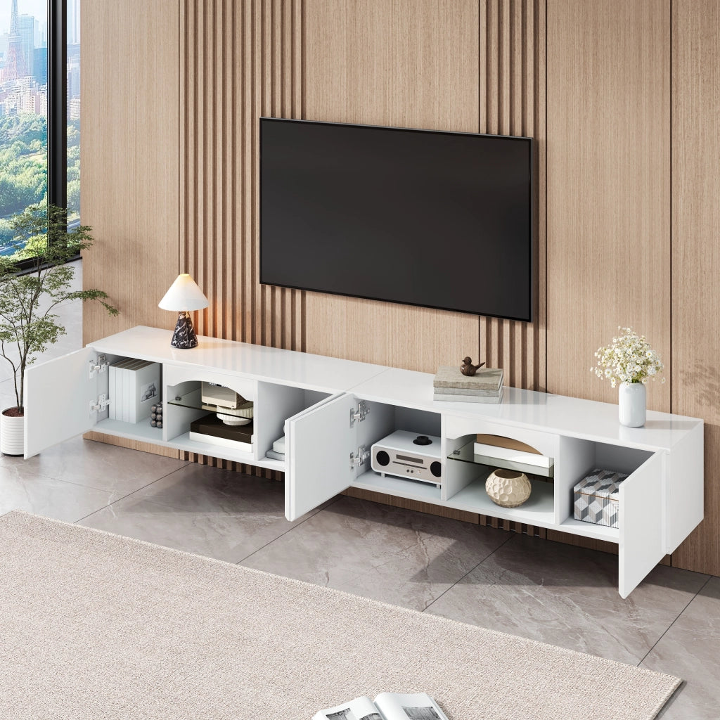 Mobile TV con 4 ante; 2 vani aperti con ripiani in vetro e LED regolabili tramite app; bianco 200 × 30 × 28 cm