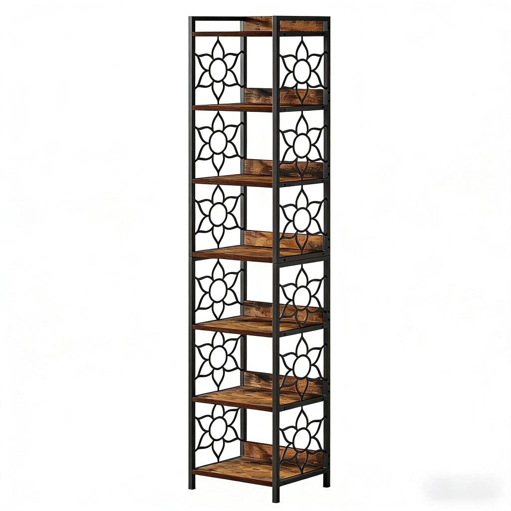 Scaffale angolare con 7 ripiani in MDF e metallo per soggiorno e balcone; nero e marrone rustico