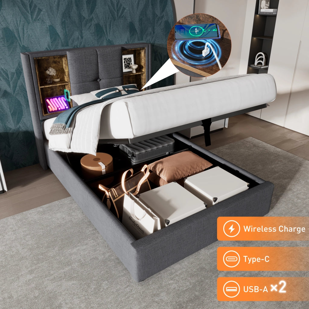 Letto contenitore 90 × 200 cm con ricarica wireless USB e testiera imbottita in cotone grigio