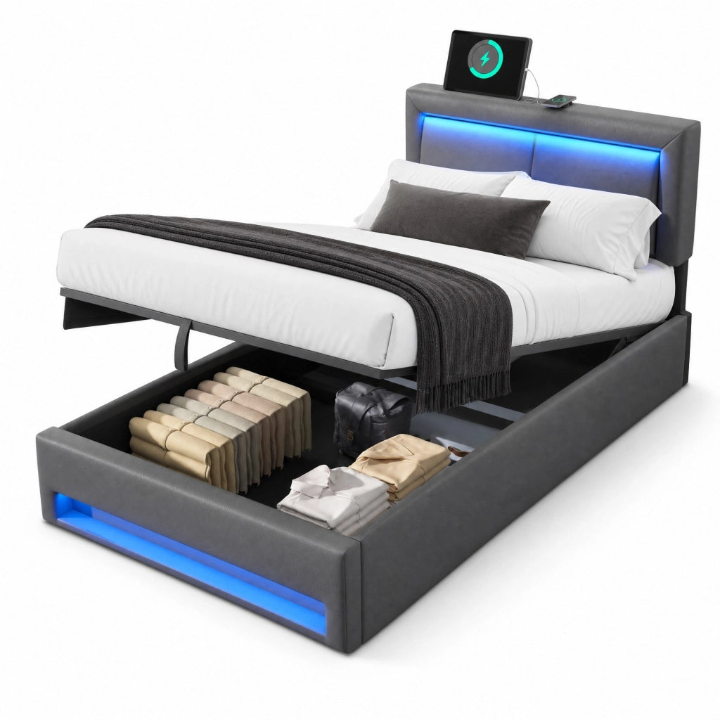 Letto imbottito singolo 90x200 cm con LED, USB e ricarica wireless