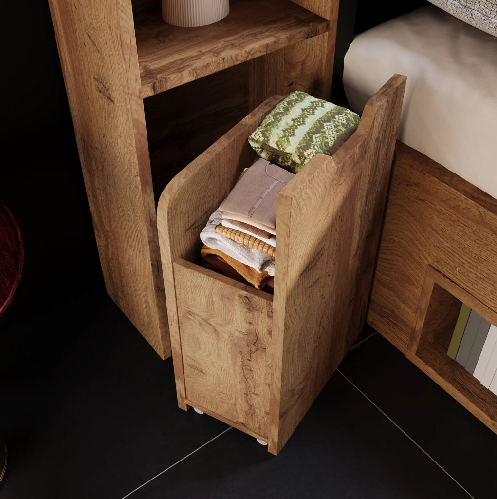 Letto 180x200 cm con LED, USB e cassetti in MDF e metallo color rovere