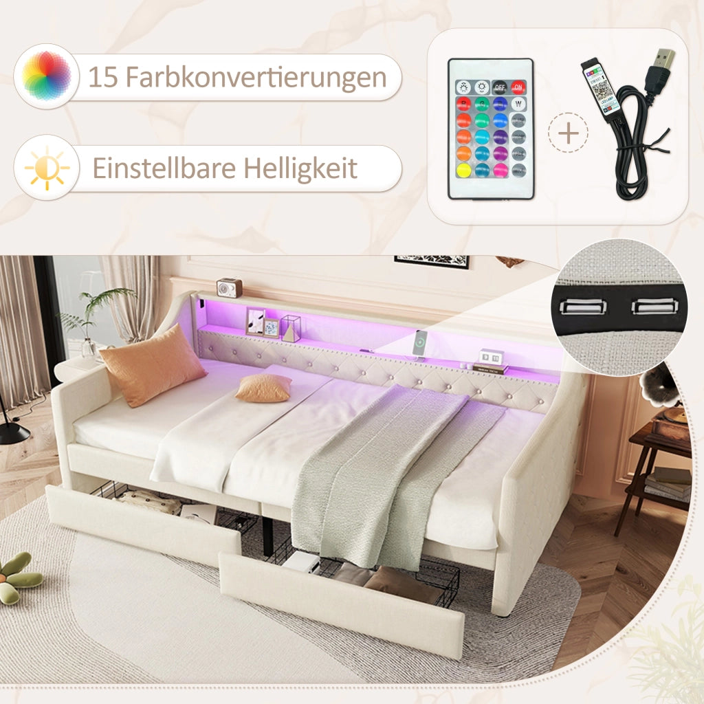 Letto con cassetti 90 × 200 cm con rete a doghe; LED con telecomando e presa USB; lino e MDF beige