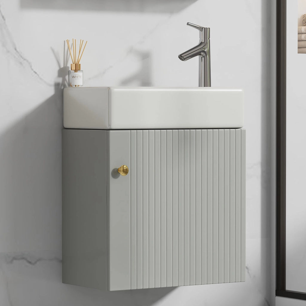 Mobile Bagno Sospeso con Lavabo 46 cm; Anta con Motivo 3D; MDF; Grigio e Bianco
