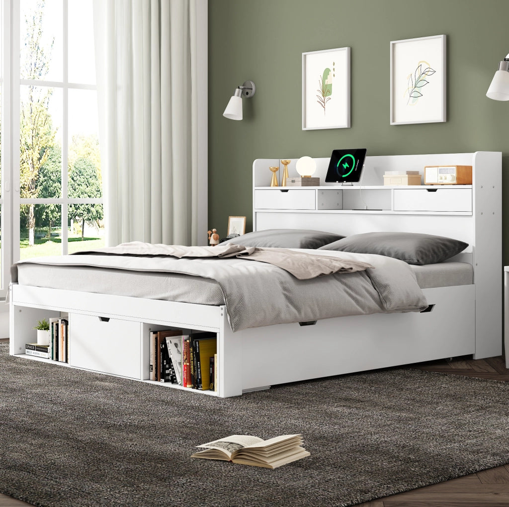 Letto matrimoniale 140x190 cm bianco con USB, vani portaoggetti, senza materasso