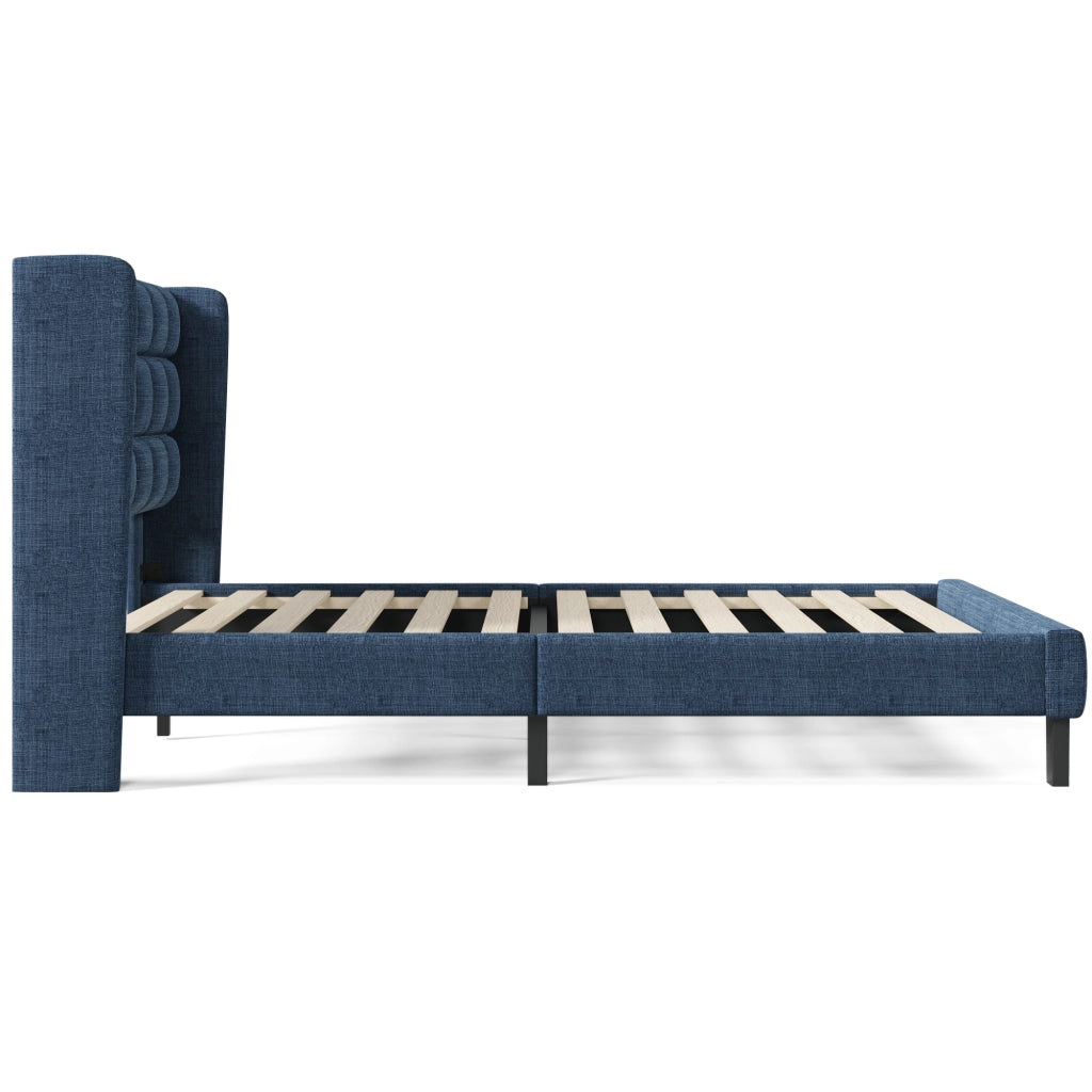 Letto Matrimoniale 140 x 200 cm con Testiera Imbottita e Rete a Doghe in Lino Blu