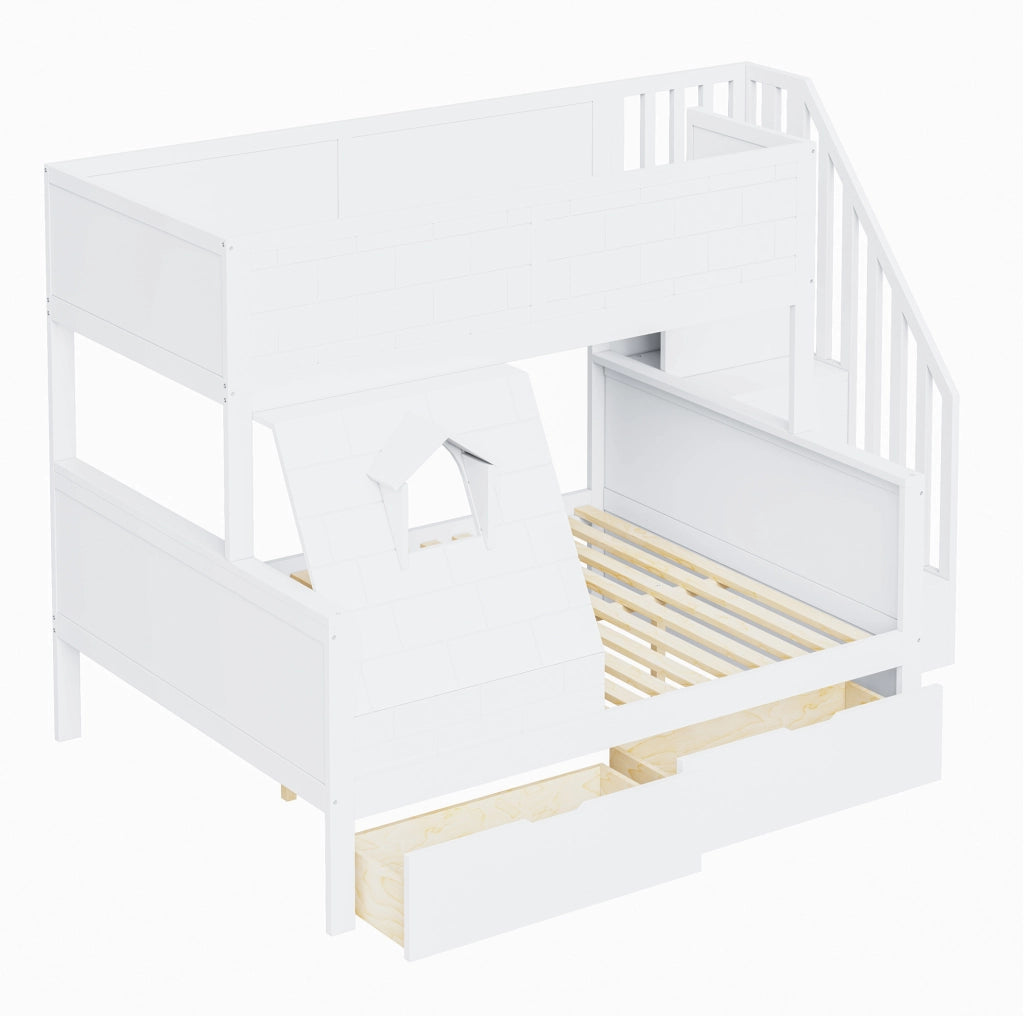 Letto a castello per bambini con scala contenitore; 2 cassetti e finestra; bianco