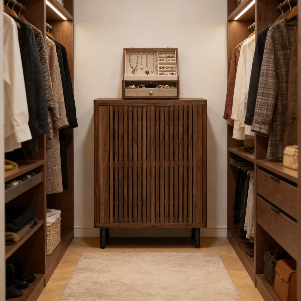 Scarpiera con ante a lamelle e cinque ripiani regolabili in MDF marrone scuro con gambe in metallo 85 × 35 × 110 cm