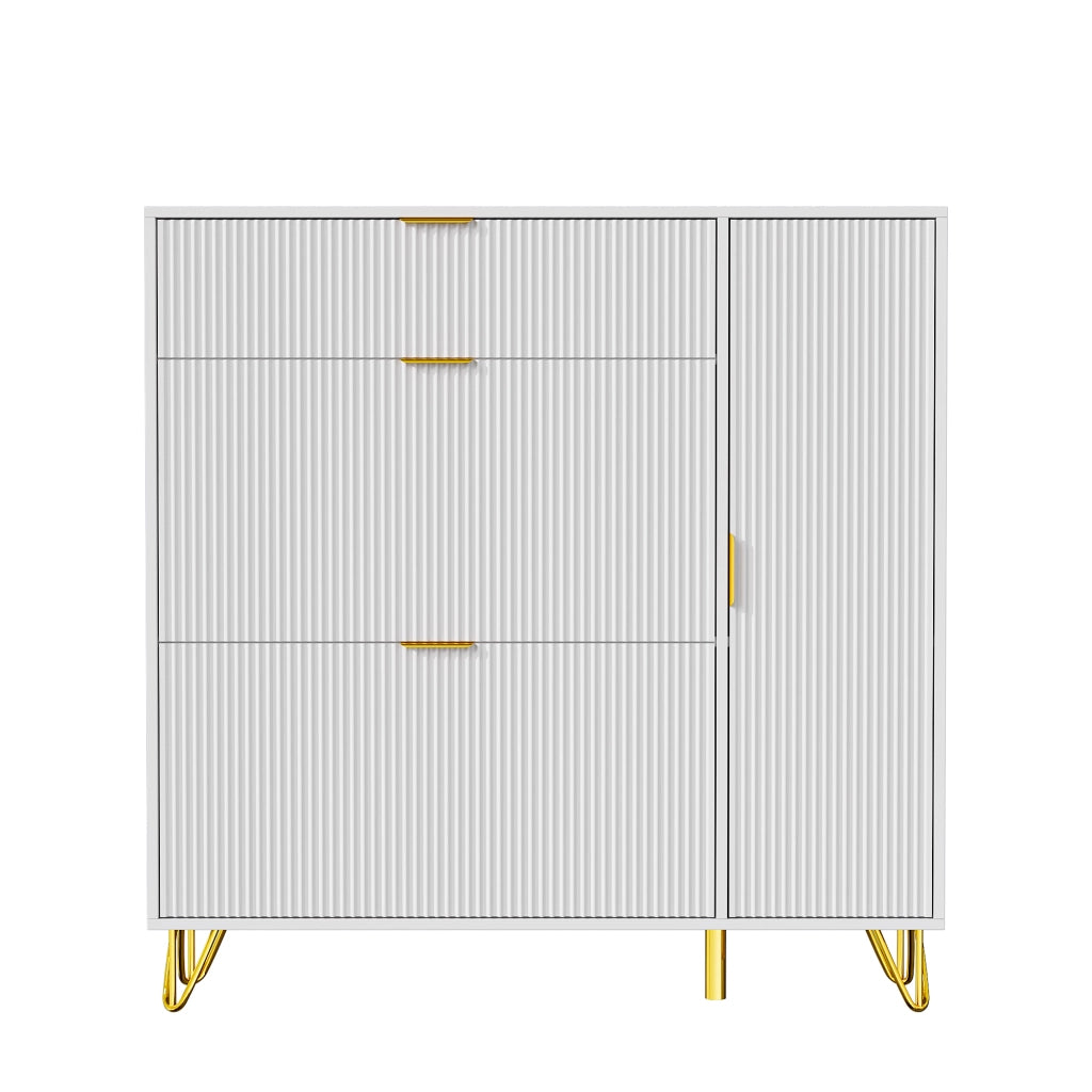 Scarpiera Salvaspazio 110x24x118 cm, Mobile Portascarpe con 2 Ante Porta Scarpe a Ribalta, Maniglie a Scomparsa, Ripiani Interni, Piedini Dorati, Bianco