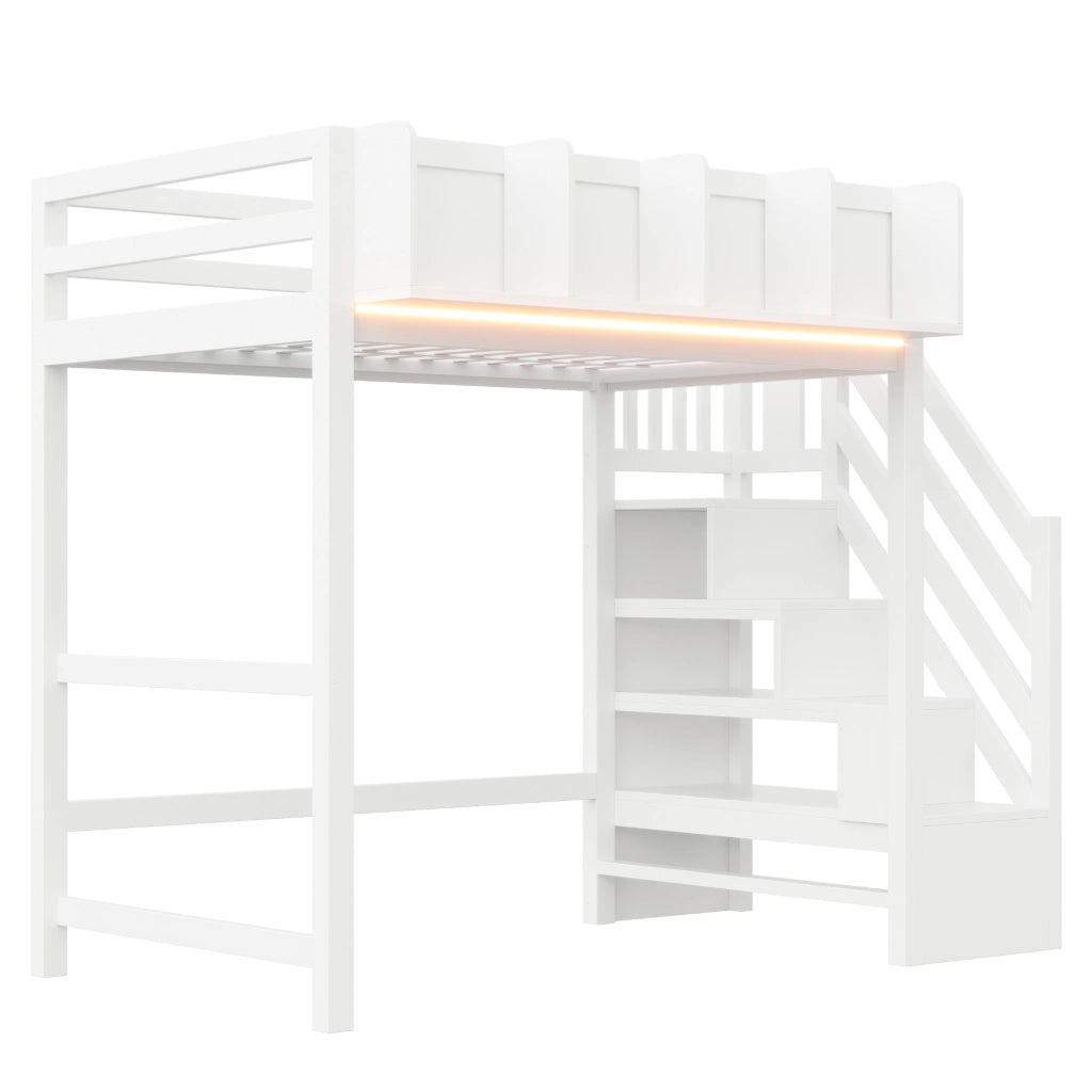 Letto a soppalco 90x200 cm bianco con ripiani; scala e LED