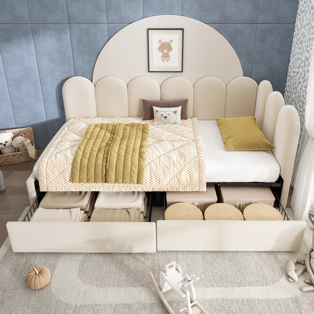 Letto singolo imbottito 90 ¡Á 200 cm con due cassetti in velluto beige con rete a doghe e lati intercambiabili