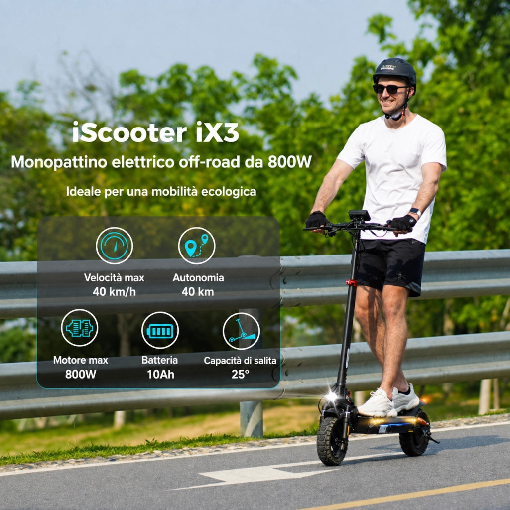 ix3 Monopattino Elettrico Pieghevole 800W; Batteria 48V 10Ah; Autonomia 30-40 km; Velocità 25 km/h; Pneumatici Off-Road da 10"; Doppia Sospensione; APP e Luci LED