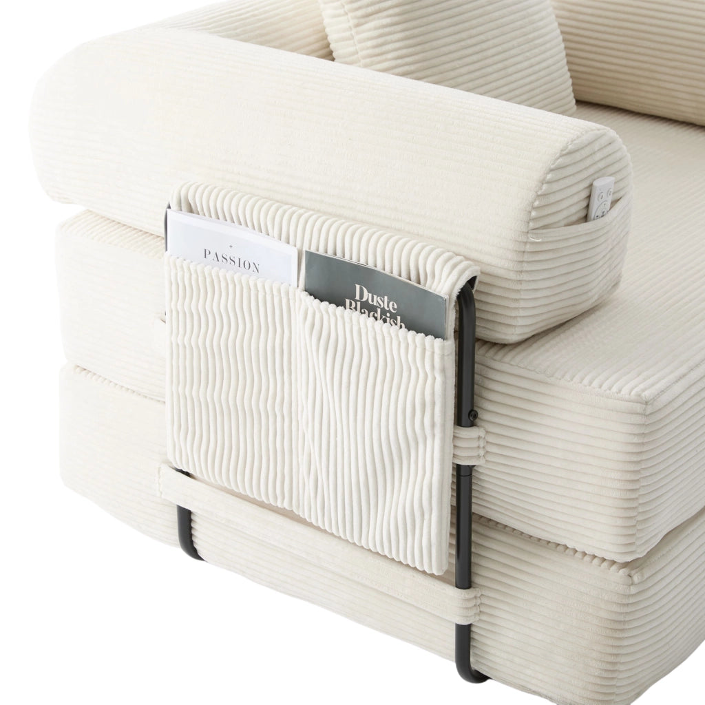 Divano modulare 4 posti con tasca laterale e cuscini in velluto a coste beige