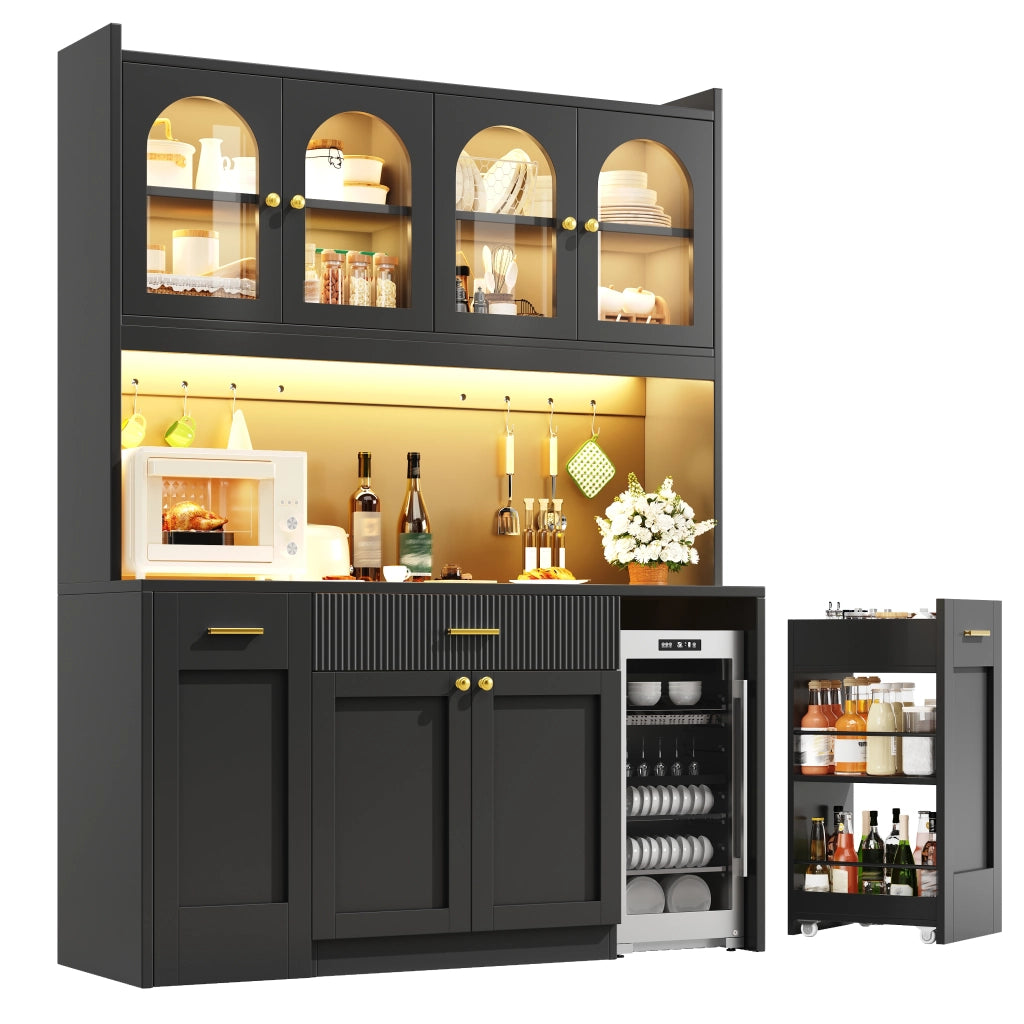 Credenza alta da cucina con 3 vetrine in vetro; LED RGB; cassetti e vani aperti; nero; 120 × 40 × 187 cm