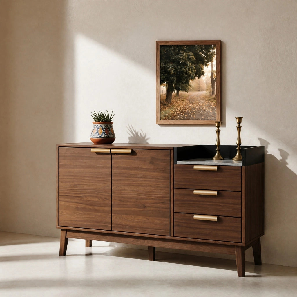 Credenza in effetto rovere con piano effetto marmo; 120x40x77 cm; marrone scuro