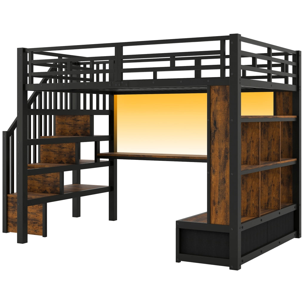 Letto a soppalco in metallo 140x200 cm con scrivania, scaffali, due cassetti integrati e scala con contenitore, colore nero