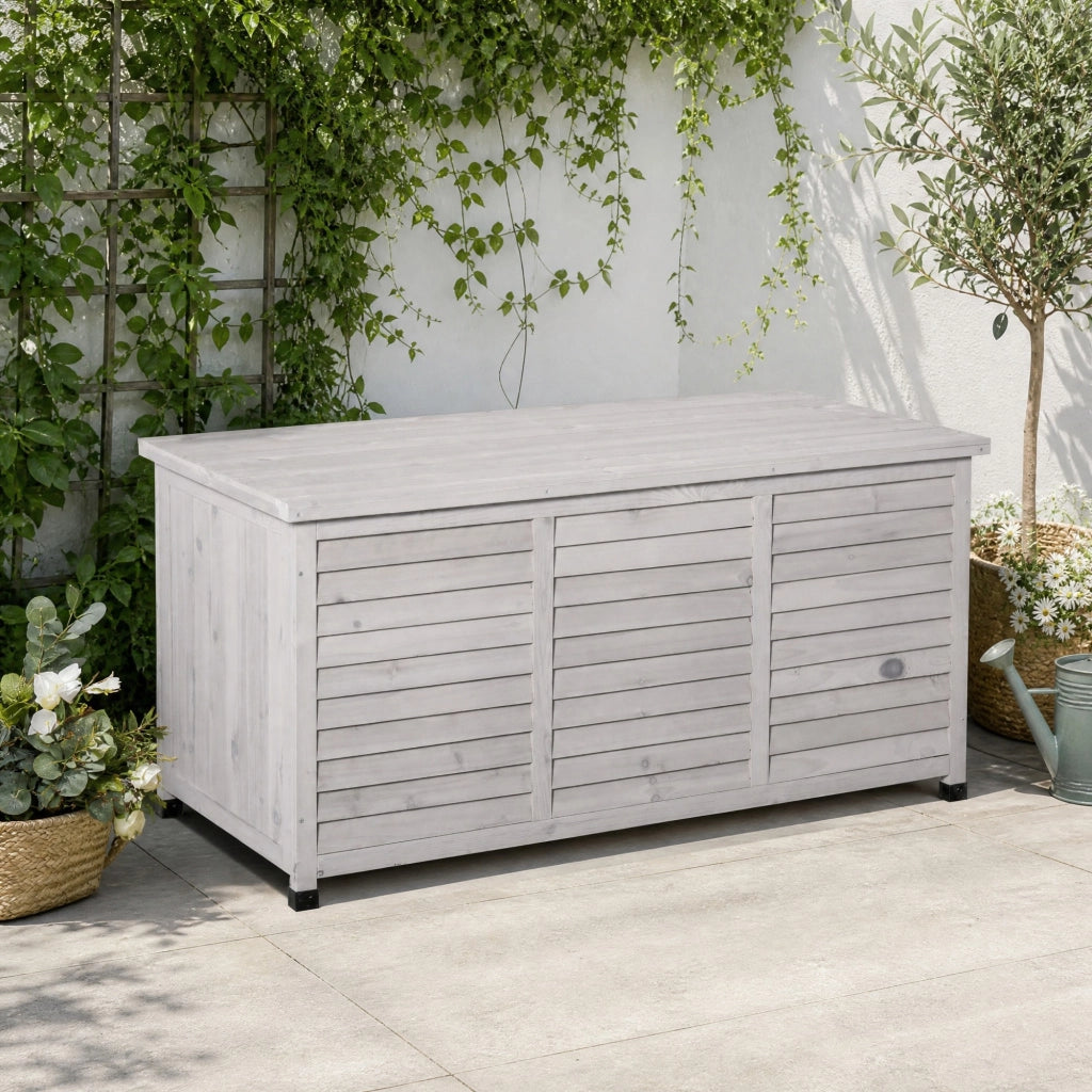Panca contenitore da giardino in legno grigio chiaro con coperchio sollevabile e ventilazione 60 × 127 × 56 cm