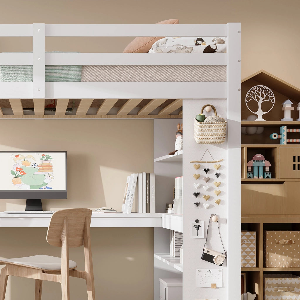 Letto a soppalco per bambini 90 × 200 cm con ripiano scala inclinata a 4 gradini e sponde di sicurezza bianco