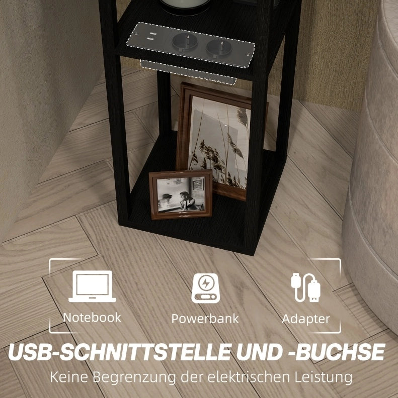 Lampada da terra con 3 ripiani, portalampada E27, paralume in tessuto, USB-A e USB-C, bianco e nero, senza lampadina