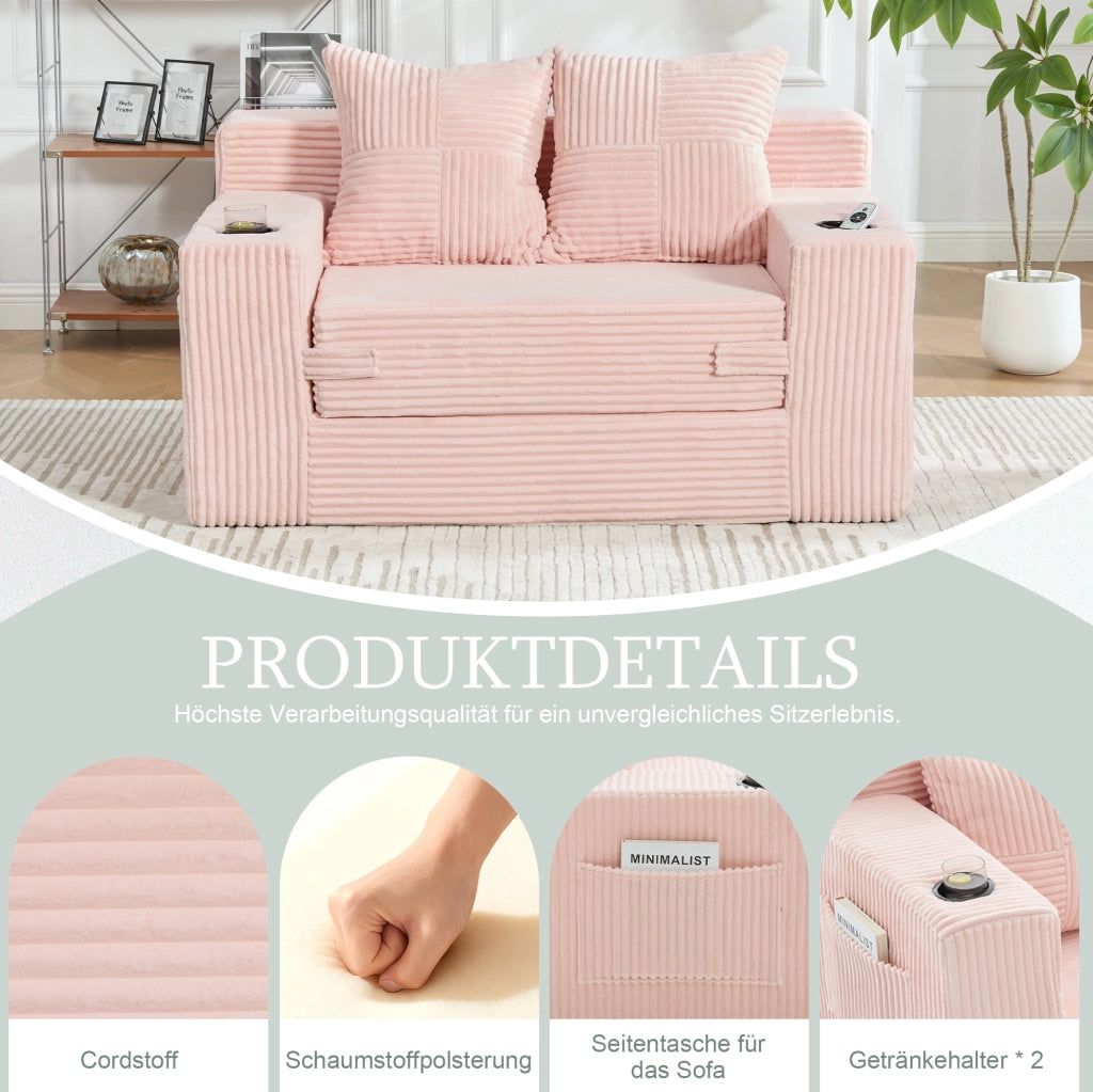 DIVANO Pouf 151x133x64 cm in Velluto a Coste Rosa con 2 Cuscini