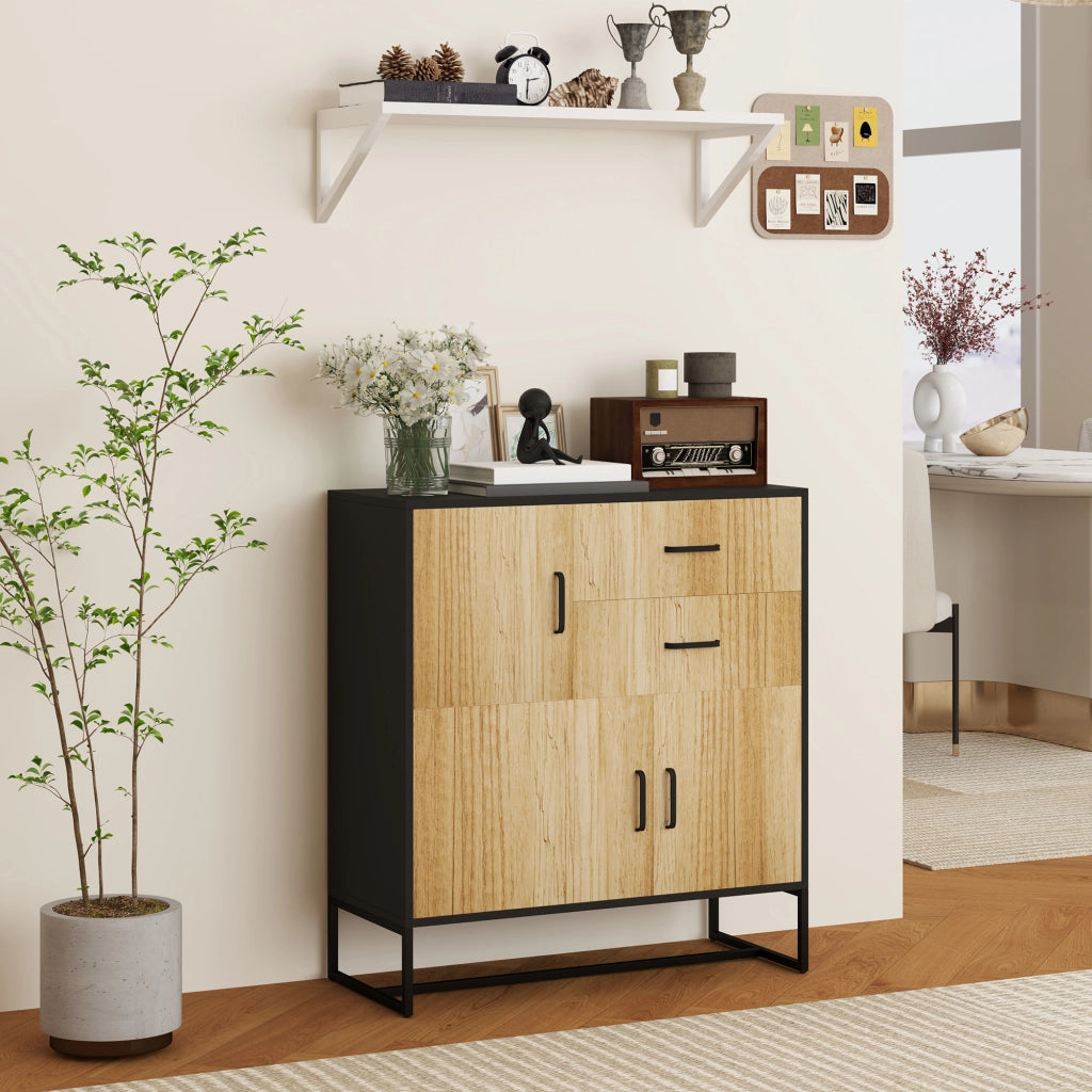 Credenza Moderna Portaoggetti con 3 Armadietti e 2 Cassetti, Mobiletto Multiuso in Truciolato e Acciaio, 80x35x85 cm, Nero e Color Legno