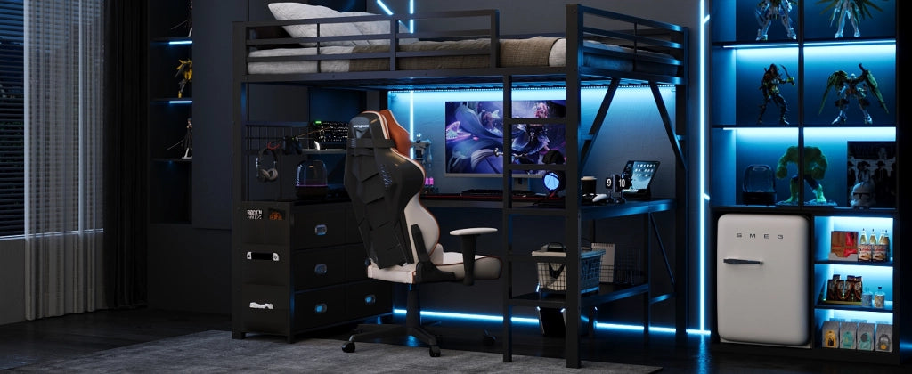 Letto a soppalco 140 × 200 cm con scrivania sei cassetti LED libreria in MDF e metallo nero