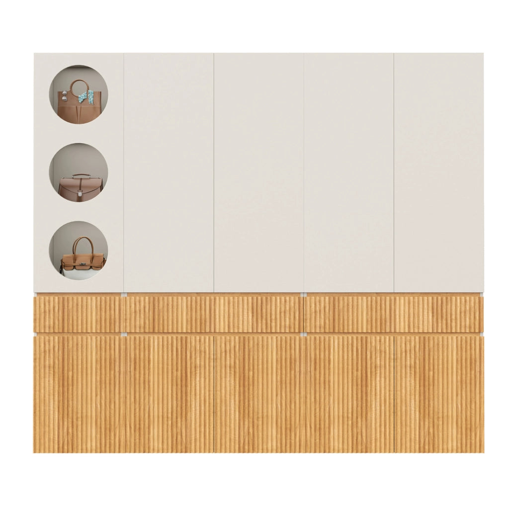 Armadio a 10 ante con 3 cassetti e 2 appendiabiti; 225 x 50 x 200 cm; MDF e truciolare