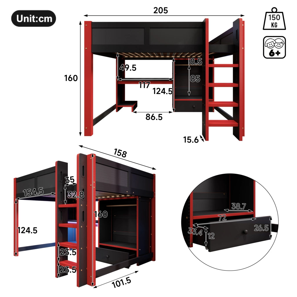 Letto a soppalco 140 × 200 cm con scrivania; armadio; scaffali; illuminazione RGB; scala in legno nero e rosso