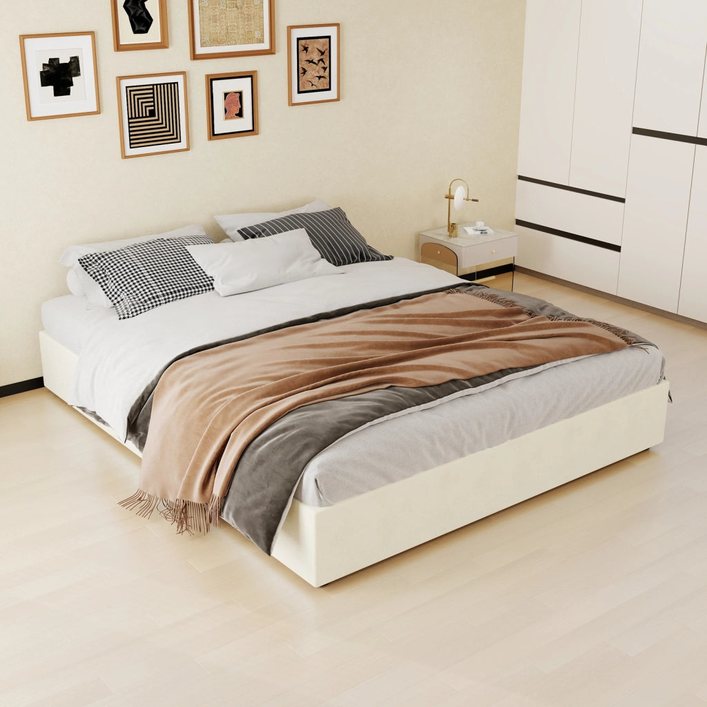 Letto matrimoniale 160 × 200 cm 2 posti senza testiera, materasso incluso, struttura in tessuto e metallo beige