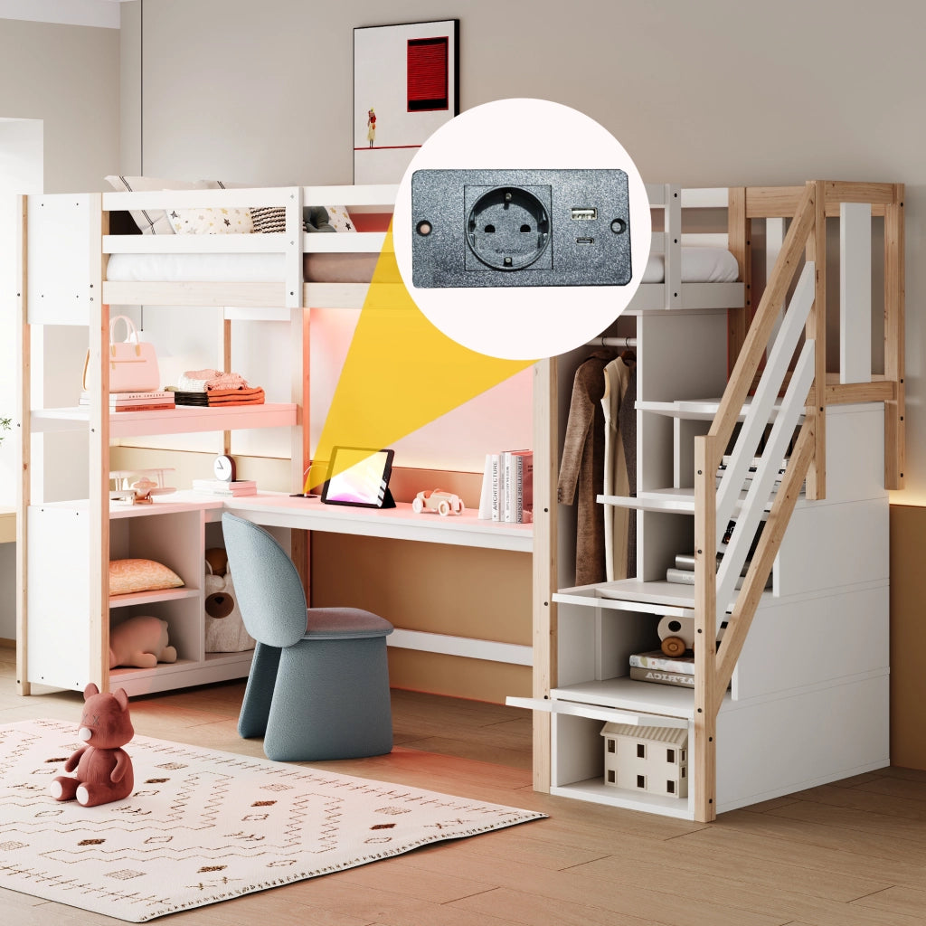Letto a soppalco 90 × 200 cm con scrivania, armadio, scale contenitore e LED, senza materasso, bianco naturale