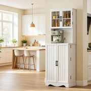 Alta Credenza da Cucina con 4 Ante, Piano di Lavoro e Ripiani Regolabili, 8 Portaspezie, Mobile Contenitore Pratico per la Cucina