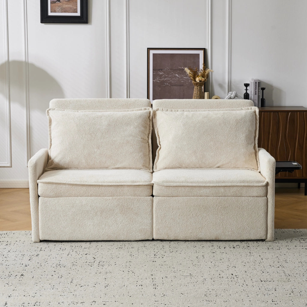 Divano Letto 3 in 1 Beige in Ciniglia con Presa USB e Vano Contenitore, Schienale Regolabile a 5 Livelli e Cuscini Salvaspazio