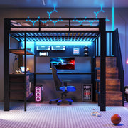 Letto a soppalco in metallo 140x200 cm con scrivania, cassetti, pannello perforato, presa elettrica e luce LED, nero