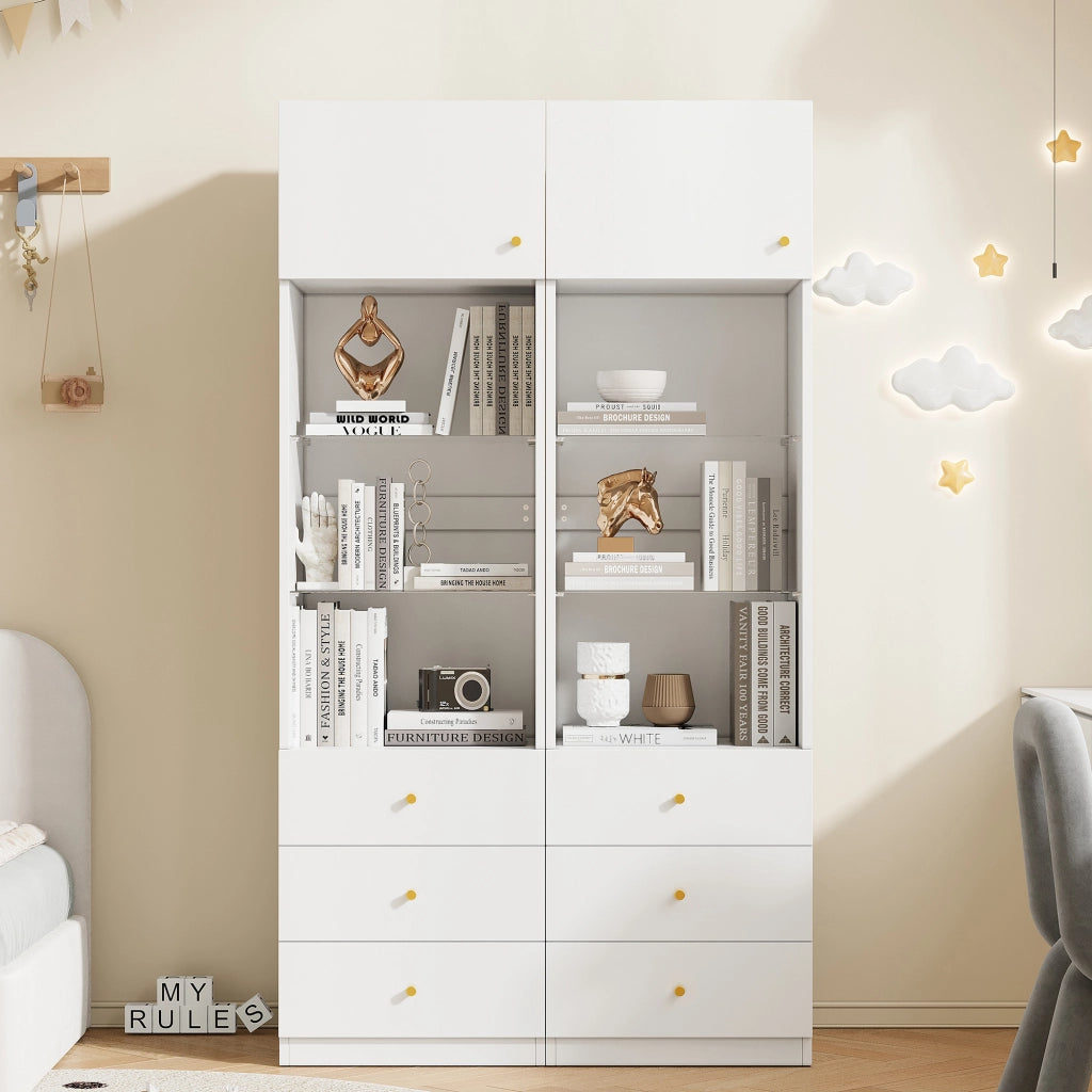 Vetrine con anta; ripiani in vetro regolabili e 3 cassetti in MDF e vetro bianche set da 2 pezzi