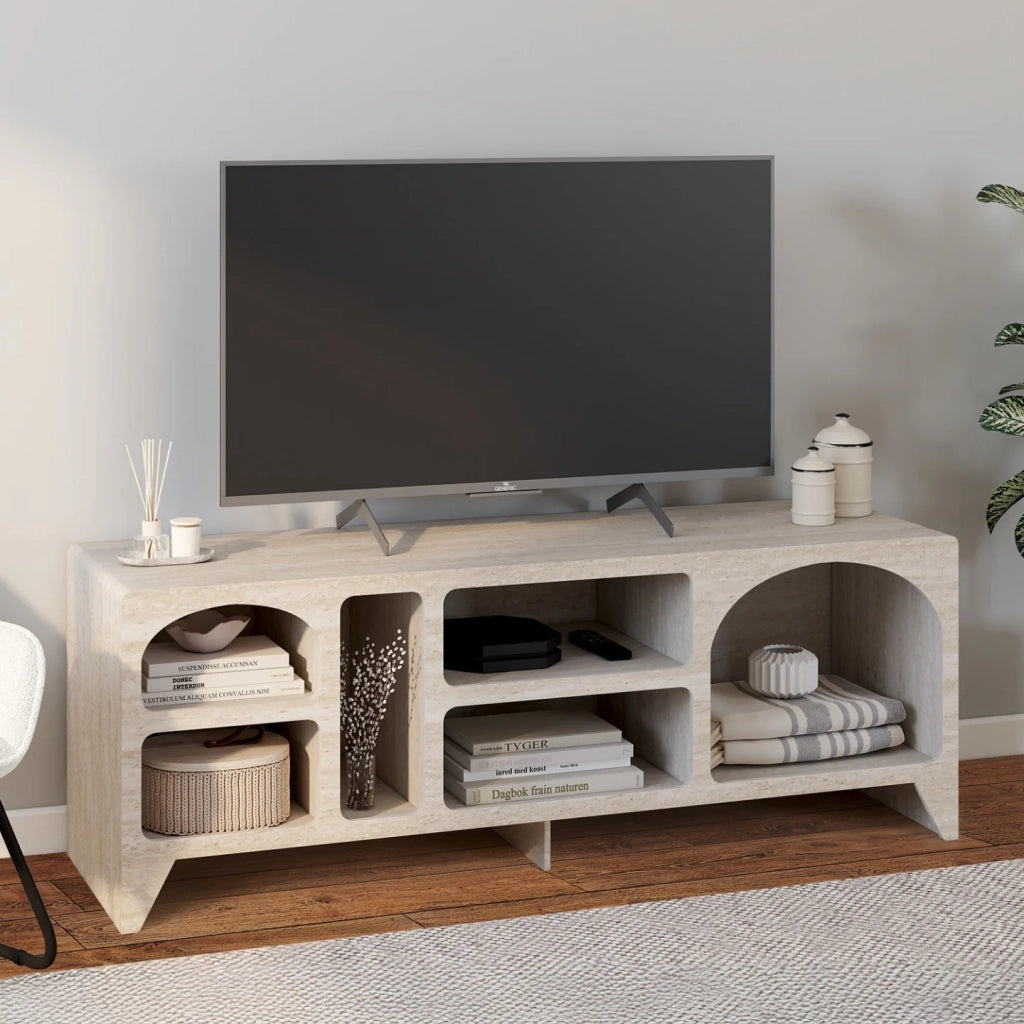 IDMarket - Mobile TV ALESIA da 140 cm dal design organico, con 6 nicchie in legno effetto travertino