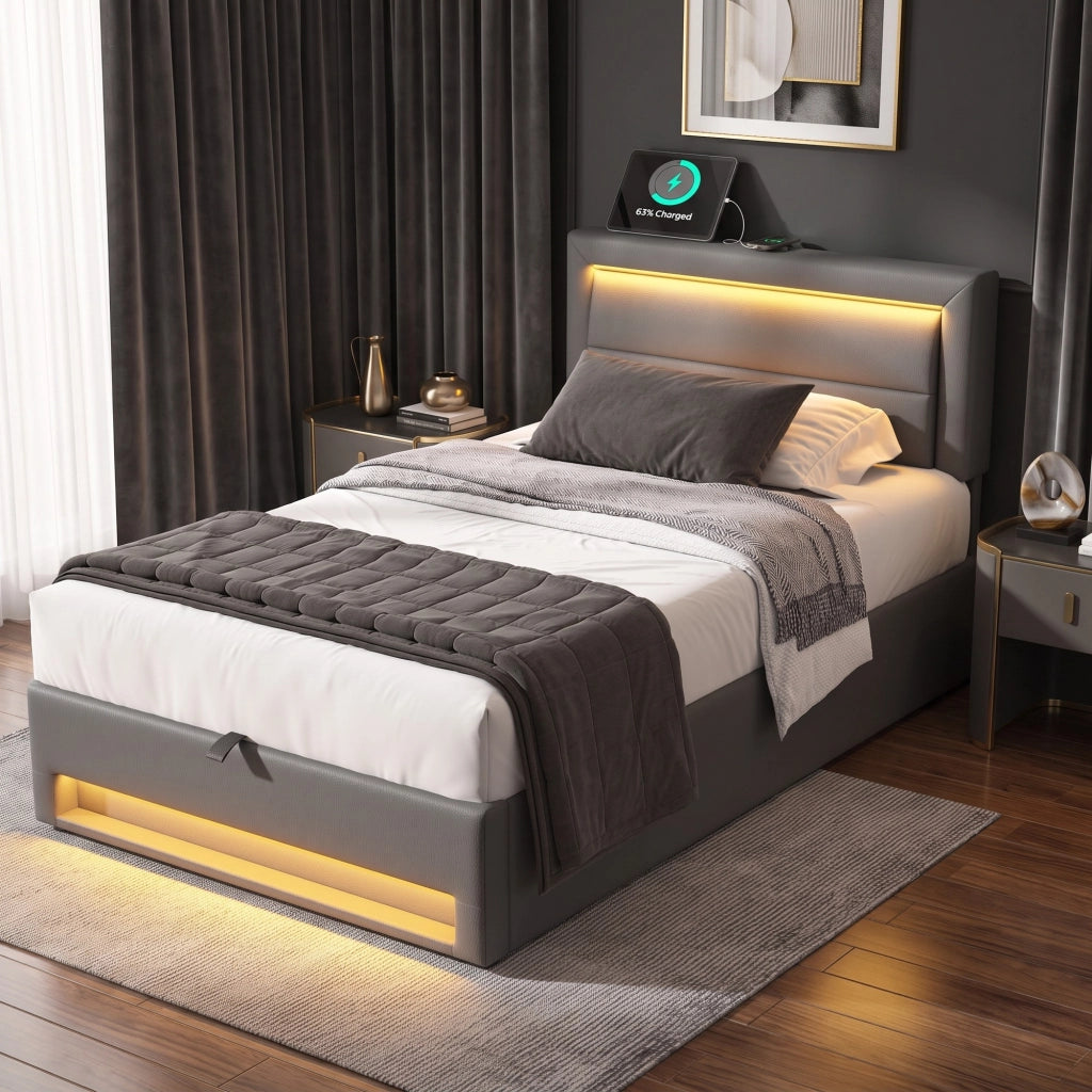 Letto imbottito con LED; ricarica USB e wireless; vano contenitore; PU grigio; per materasso 90x190 cm