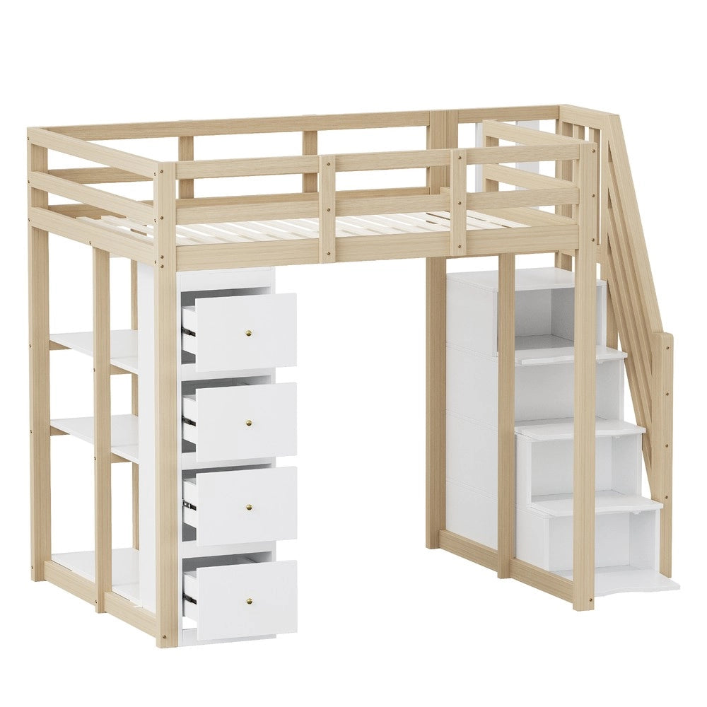 Letto a soppalco con cassetti ¨C Minimal ¨C 140x200 cm legno massello pino colore legno