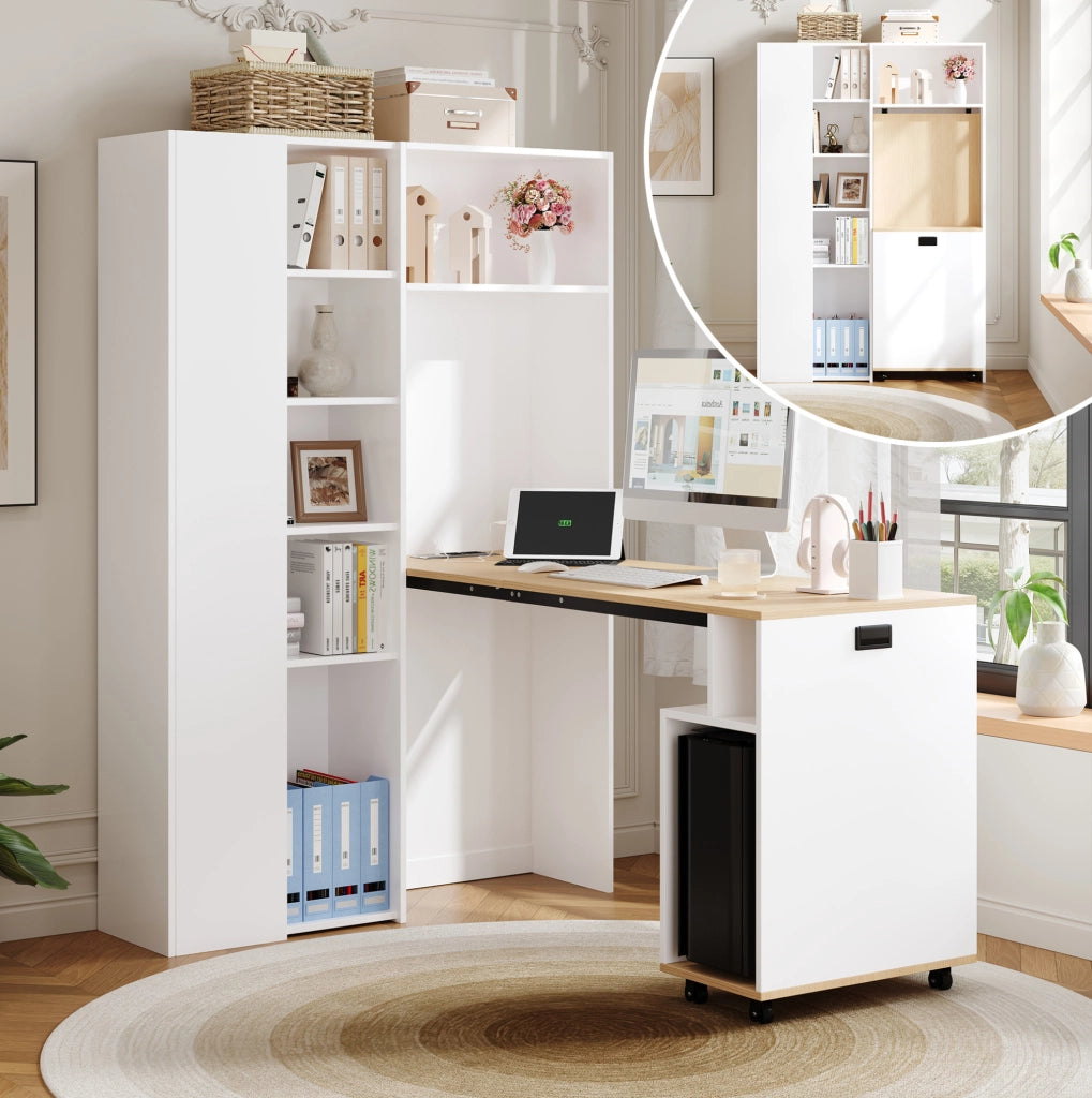 Scrivania pieghevole 2 in 1 con libreria, presa UE e USB in MDF bianco 104,5x30,5x160 cm