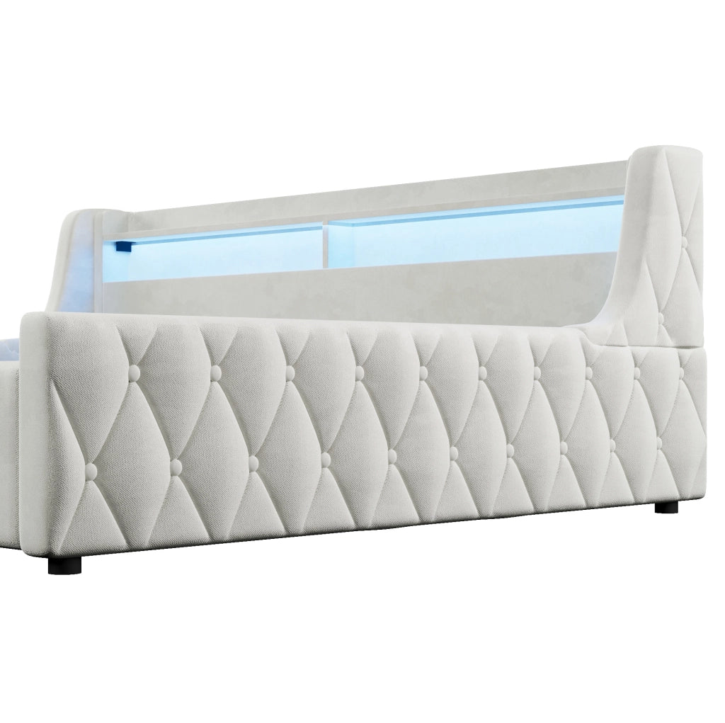 Letto imbottito 140x200 cm in flanella color bianco sporco con LED e contenitore