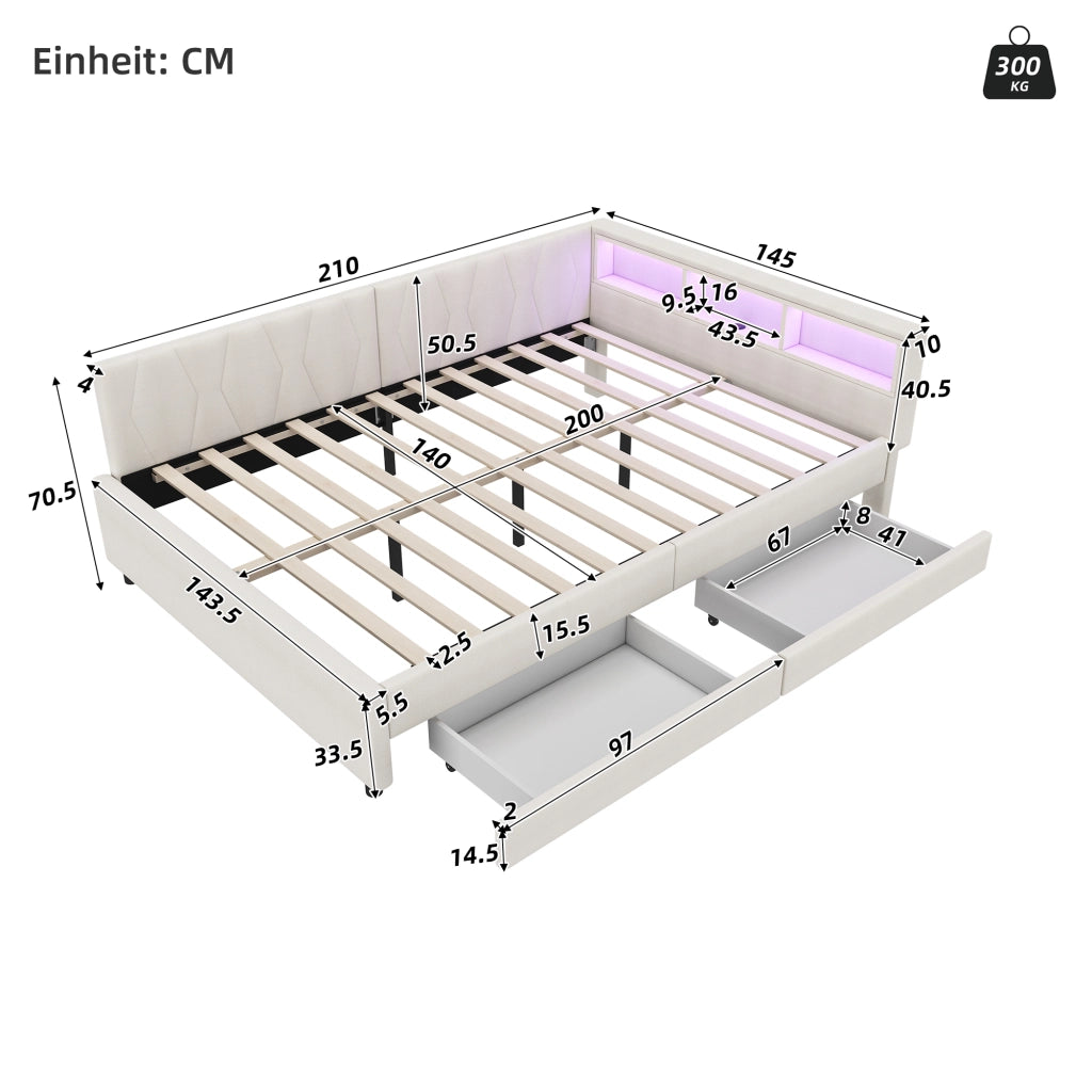 Letto matrimoniale 140×200 cm con LED; USB e Type C; cassetti e ripiani; senza materasso; lino e MDF; beige