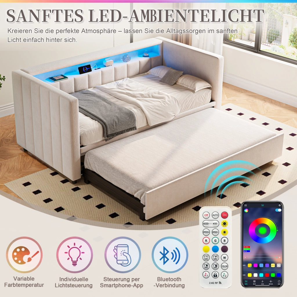 DESMIU Litto a scomparsa 90 × 190 cm 2 posti con USB-Type-C, LED regolabile e vano, senza materasso, in velluto beige