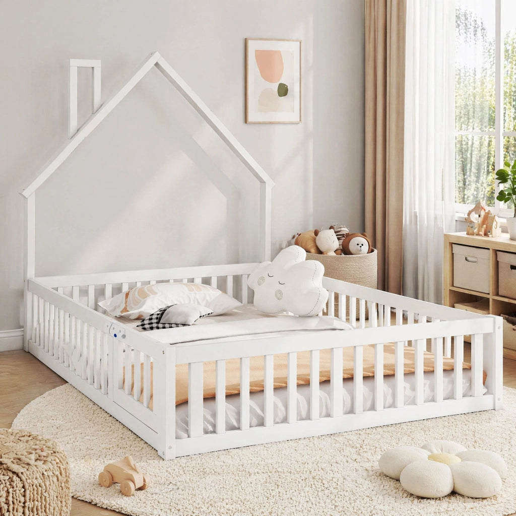 Letto per bambini 140x190 cm con camino, sponde di sicurezza e rete, bianco