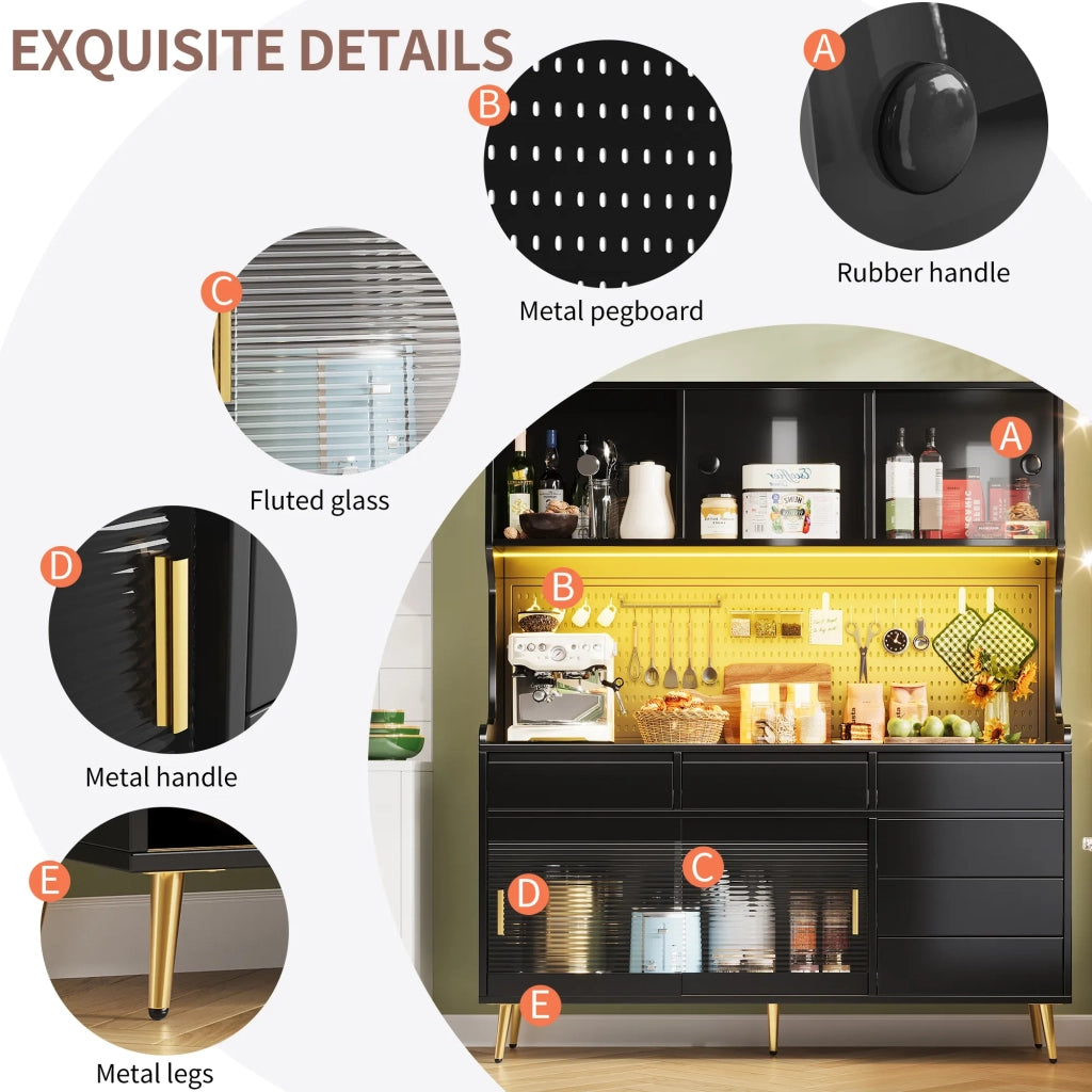 Mobile alto moderno nero 145x39x171 cm con illuminazione LED e controllo app, 1 cassetto, ripiano portaoggetti e pannello forato, per cucina o sala da pranzo