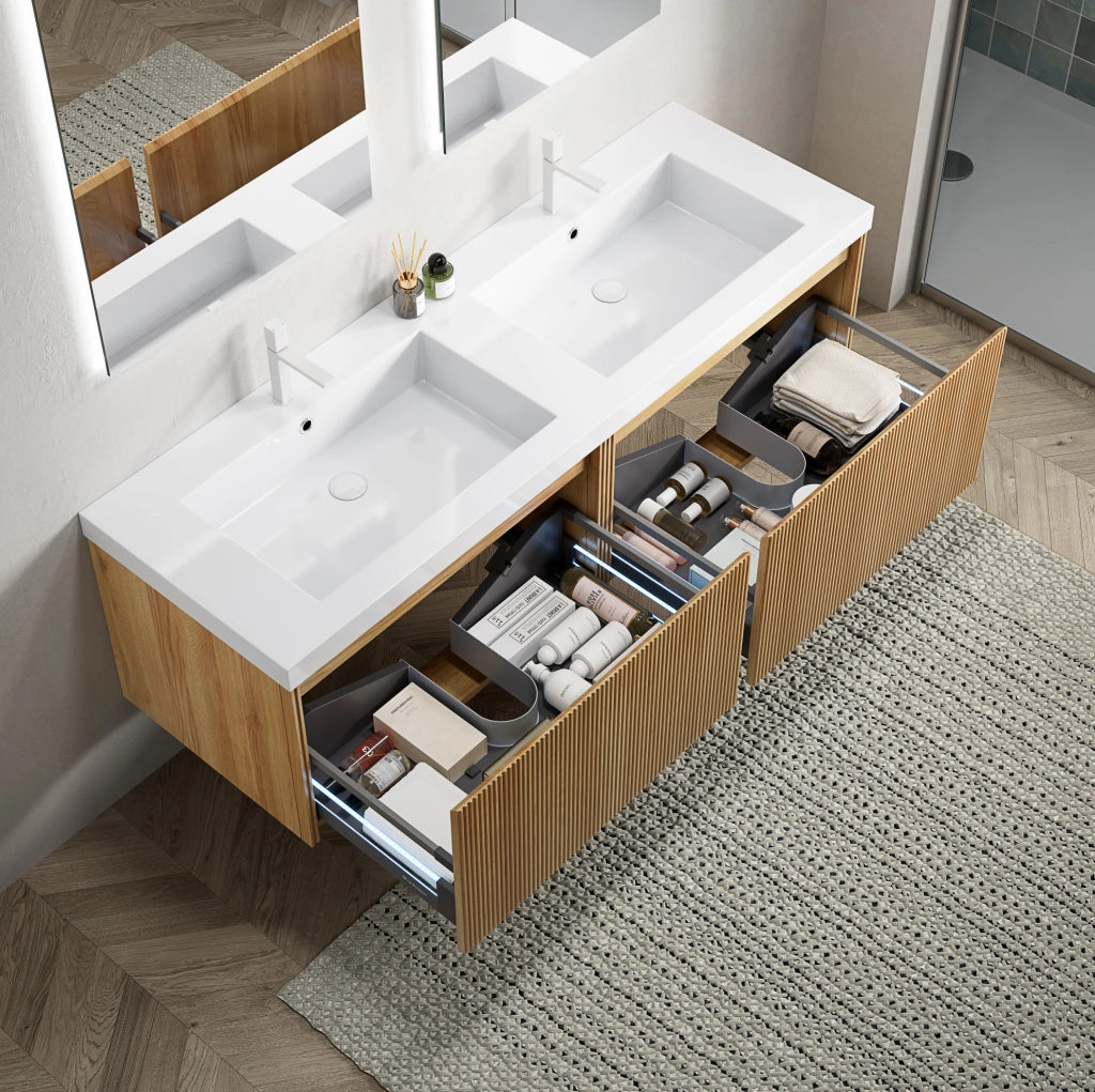 Mobile bagno ULEVR 140 cm con lavabo integrato in resina, cassetti LED soft-close, rovere naturale e bianco