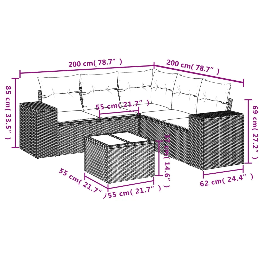 Set Divano da Giardino 6 pz con Cuscini Nero in Polyrattan