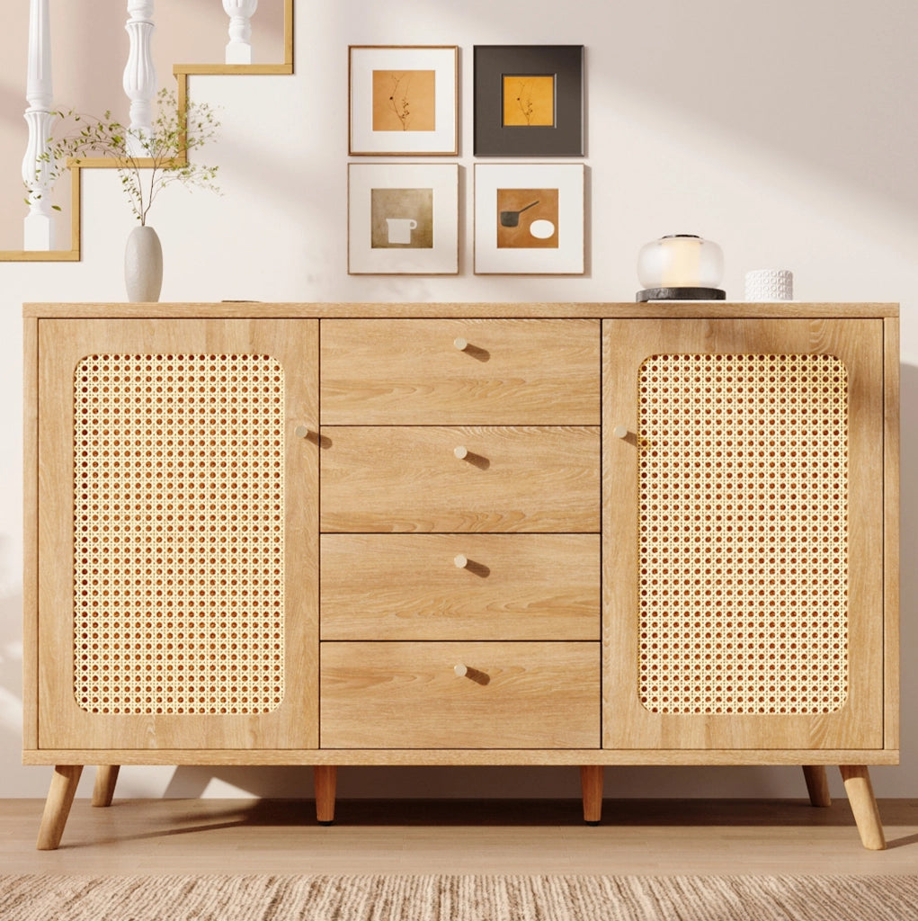 Credenza 140 cm effetto rovere chiaro con 4 cassetti e 2 ante