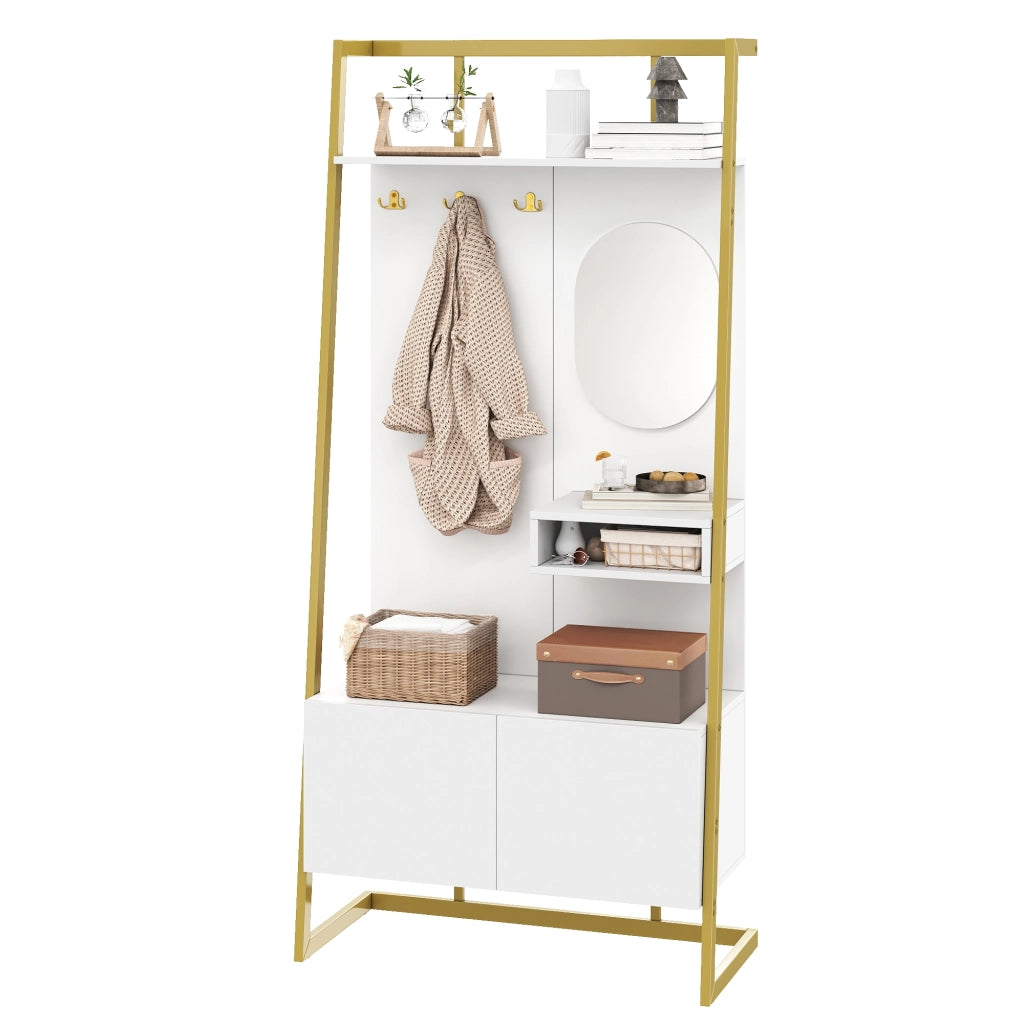 Mobile da ingresso con specchio, ganci metallici, armadio a 2 ante e vano scarpe, bianco, 78 × 38,5 × 180,5 cm