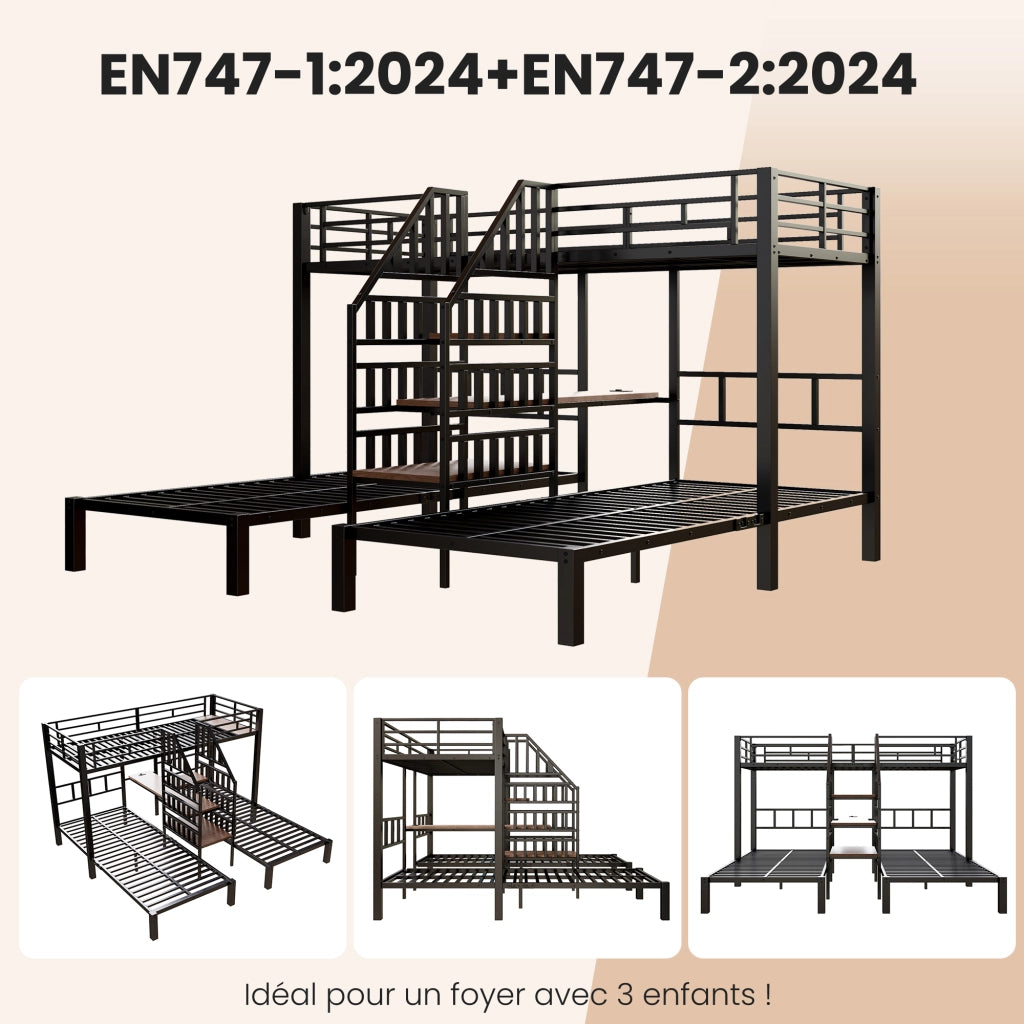 Letto a castello triplo 90 × 200 cm con scrivania, LED, prese USB e vani contenitore in metallo e MDF
