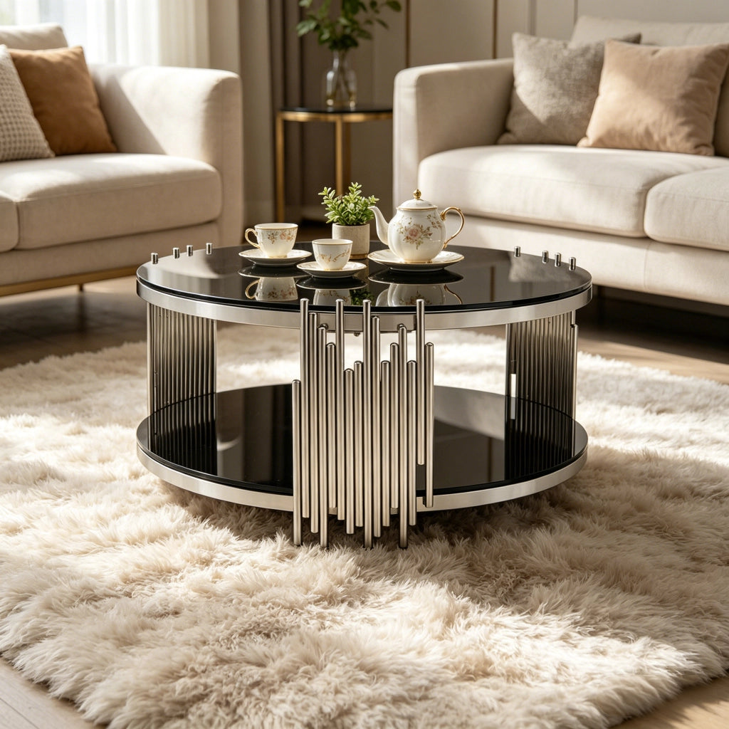Tavolino da caff¨¨ rotondo 80x80x45 cm a 2 ripiani in vetro temperato nero e acciaio inox argento