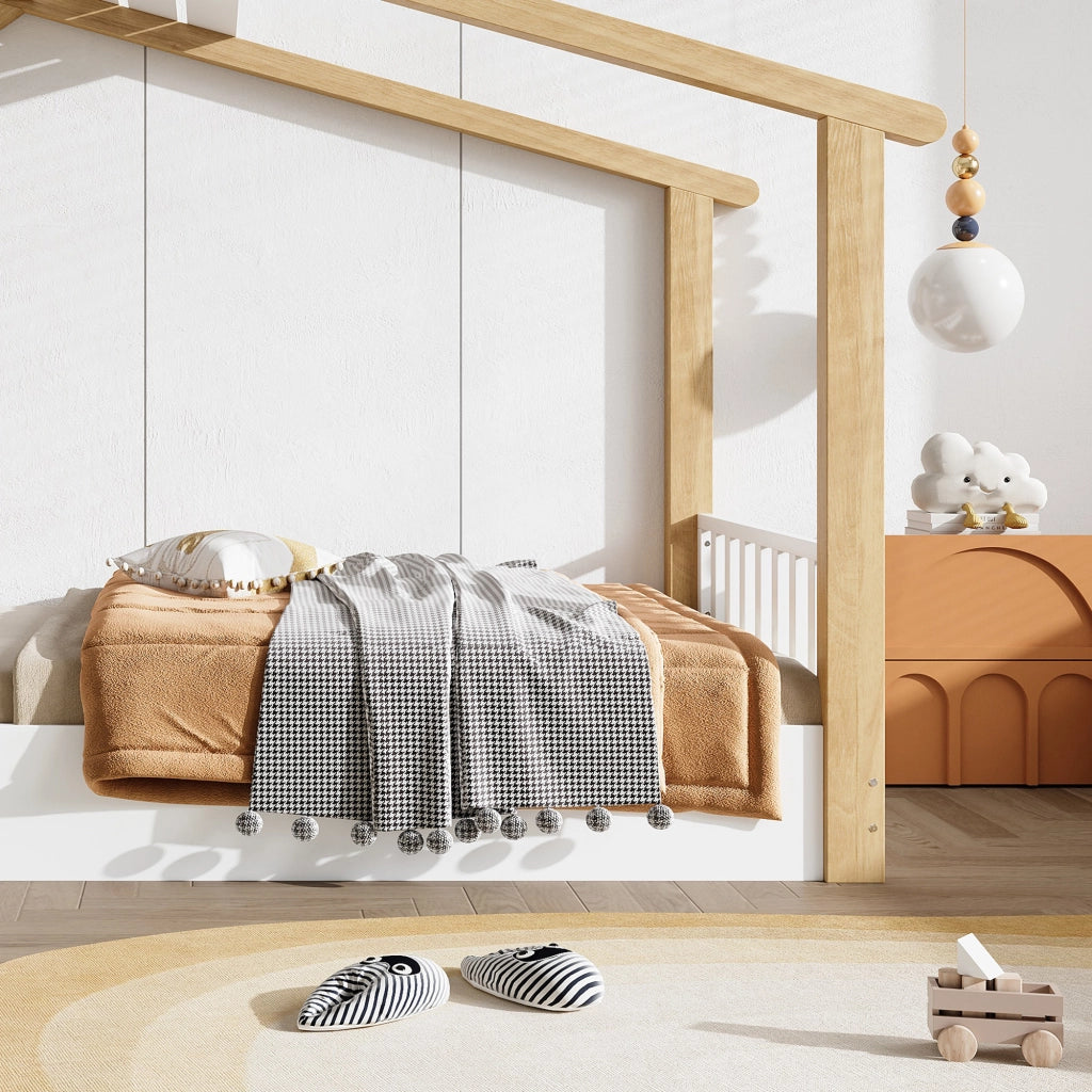 Letto casetta per bambini 90 × 190 cm 1 posto, senza materasso, in pino, truciolare e MDF, bianco naturale